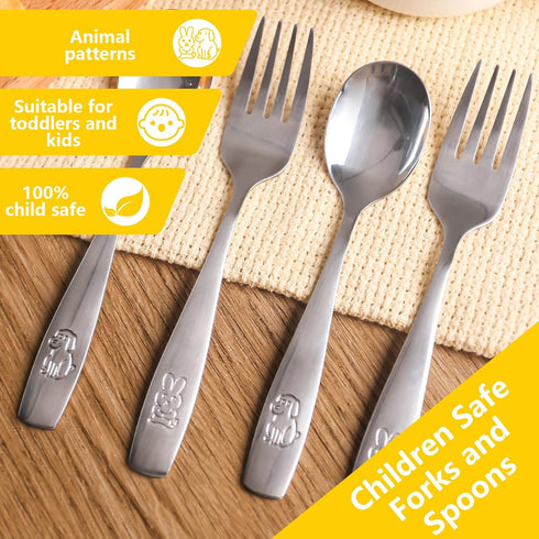 12PCS Safe Forks and Spoons for Kids, Toddler Silverware, Stainless Steel Tableware with Bunny and Puppy Motifs