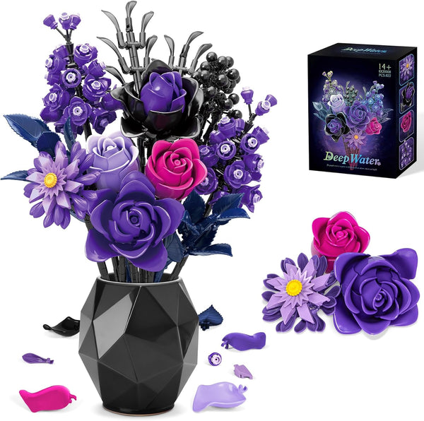 Gothic Black Purple Roses Bouquet - 822 Pcs Building Blocks Set for
