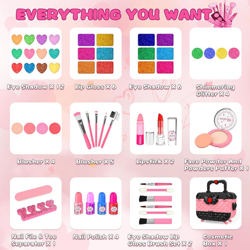 54 Pcs Kids Makeup Kit for Girls - Real Washable Pretend Play Cosmetic Set with Mirror, Safe Birthday Gift (Pink)