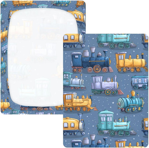 Mazeann 52" 28" 9" Steam Trains Blue Crib Sheets Soft Breathable Fitted Cotton Baby Crib Sheets Mattress Cover for Girl