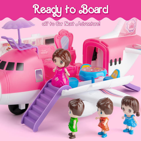 XDUOYJOY Pink Airplane Toy for Kids, Plane Toys with Dolls, Furniture and Accessories for Boys Girls Birthday, Toy