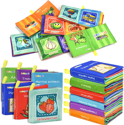 Dr.Rapeti 6-Pack Soft Cloth Baby Bath Books, Crinkle Squeaky Washable Chewable Non-Toxic Early Educational Gift