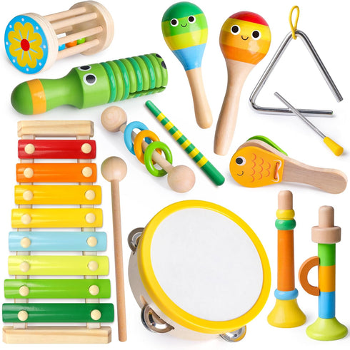 Coogam Wooden Musical Instruments for Toddlers, Tambourine Xylophone Castanet Flute Maracas Playset,