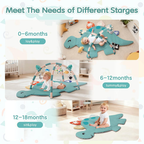 Lavilefora Tummy 6 0-6-12 Baby Time Mat, Oversize Dinosaur Shaped Baby Play Gym Mat with Toys, Play Mat for Babies