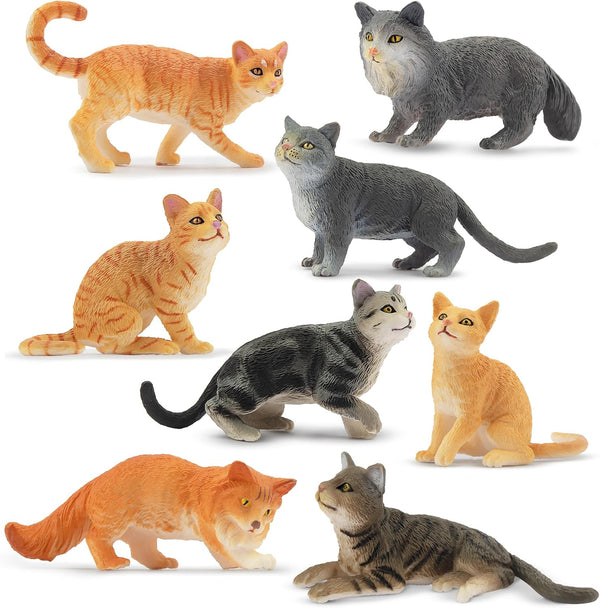Toymany 8PCS Cat Figurines Set, Realistic Grey & Orange Cat Figures, Kitten Toys for Kids Birthday Gift