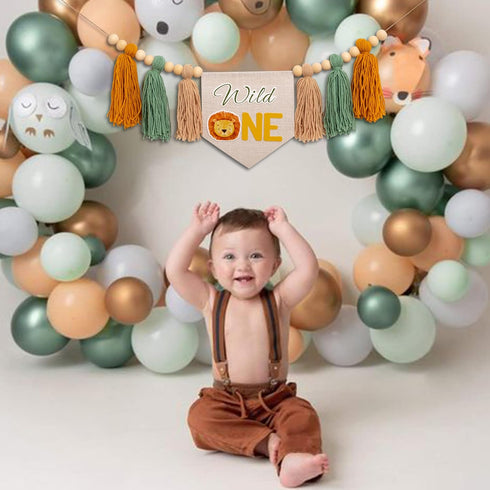 1st Wild One High Chair Banner - Lion Highchair Banner, Safari Animal Theme First Birthday Tassel Banner for Birthday