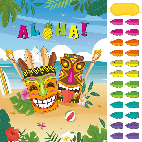 WERNNSAI Pin The Feather on The Tiki Party Game, Hawaiian Luau Supplies for Kids with Aloha Poster
