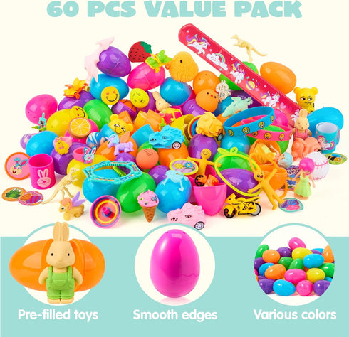 60Pcs JOYIN Easter Eggs with Toys Stickers Inside, Prefilled Easter Eggs Hunt with Assorted Toys for Kids Boys Girls