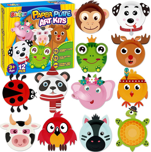 BAODLON Arts and Crafts Kits for Kids, 12 Pack Simple Crafts Animal Paper Plate Art Kit for Toddlers