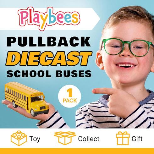 Long-Nose School Bus Die Cast Metal Model Toy Car, 6 Inches with Pullback Action for Gifts