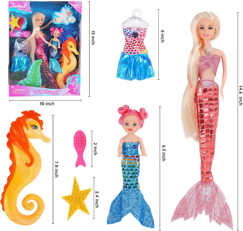 Princess Mermaid Dolls Playset, 12" Fashion Dress Doll with 4" Little Mermaid Seahorse Figurine and Accessories