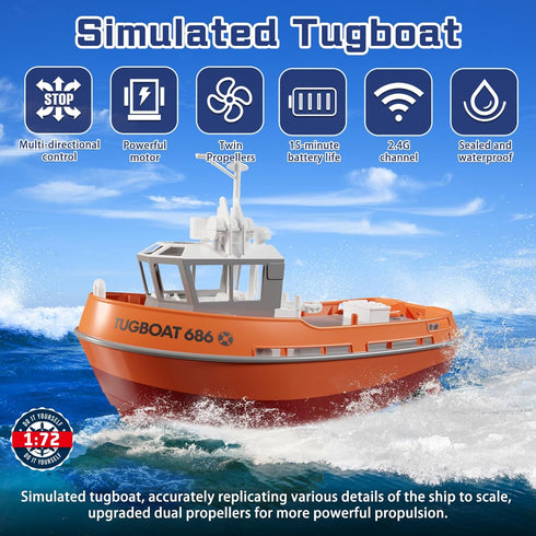 Tucraew 1/72 40 RC Boat, RC Tugboat for Pools and Lakes, High-Speed Remote Control Boat with Mins Play Time and Low