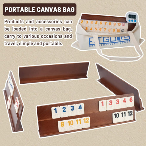 Deluxe Rummy Cube Game Set - 106 Tiles Classic Wooden Game with 4 Handmade Racks & Portable Canvas Bag