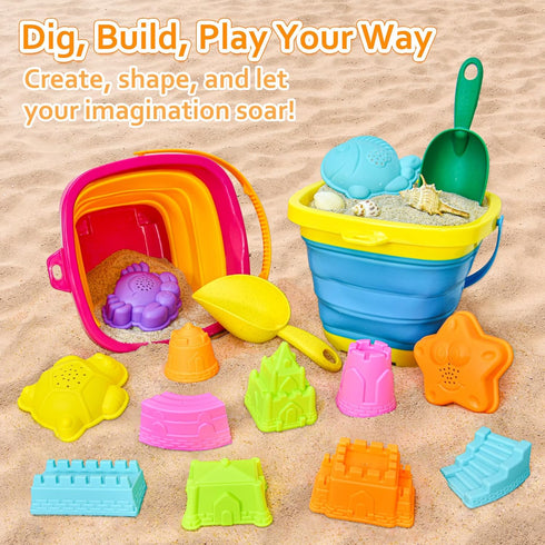 2 Set Collapsible Beach Sand Toys for Kids - Travel Beach Toys with Collapsible Beach Buckets, Mesh Bags, Sand Castle