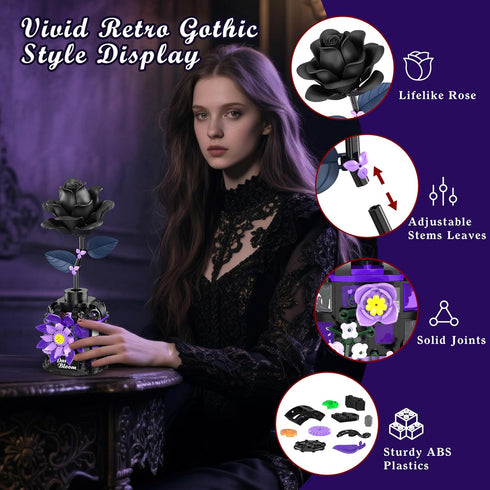 Sets 359 Alagoo Gothic Black Roses Building Blocks Kit, Mysterious Dark Bloom with Vase Toy Building for Boys Girls