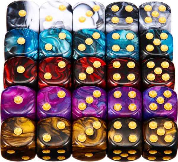 TecUnite 25 Pieces Colored 6 Sided Dice Set with Black Drawstring Storage Bag for Board Games, Parties, Math Learning