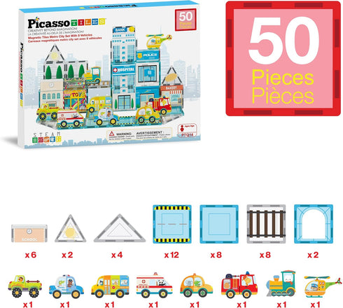 Set 8 3 PTQ14 PicassoTiles Metro City Hospital Magnetic Tile Building with Vehicles and Figures Educational Magnet
