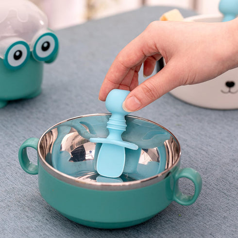 Silikong Silicone Utensils - Baby Fork and Spoon Set, Training Utensils for Ages 6 Months, Blue