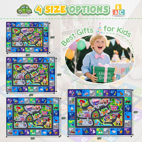 Rogara Car Rug Playmat, City Road Map Kids Rug, Educational Learning Play Mat, Soft Non-Slip Machine Washable ABC