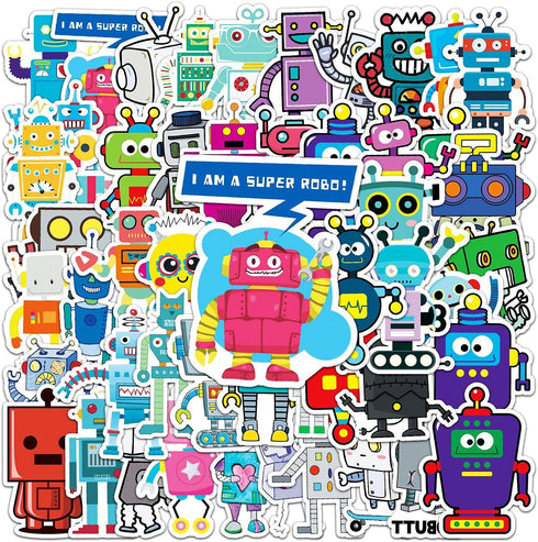 Jictegb 50 Pcs Cartoon Robot Stickers - Fun Robot Characters Designs, Premium PVC, Removable & Reusable, for Kids