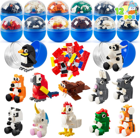 JOYIN 12 Pcs Easter Eggs Hunt Prefilled with Adorable Animal Building Blocks