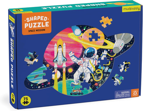 Mudpuppy Space Mission – 75 Piece Unique Saturn Shaped Scene Puzzle with Colorful and Fun Illustrations of Space Life for Children Ages 5 and Up