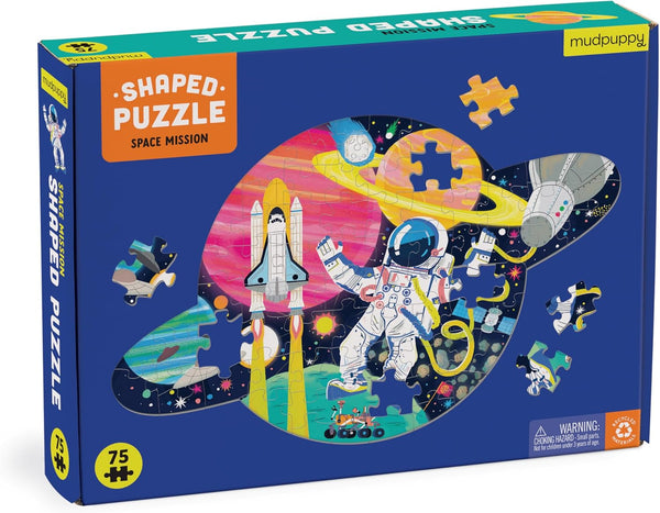 Mudpuppy Space Mission – 75 Piece Unique Saturn Shaped Scene Puzzle with Colorful and Fun Illustrations of Space Life for Children Ages 5 and Up
