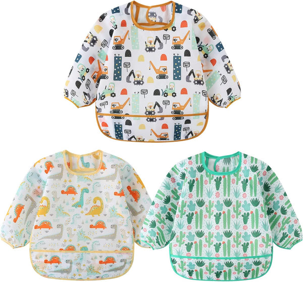 3 Pcs Waterproof Long Sleeves Baby Bibs, Weaning Smock Bib for 3-24 Months