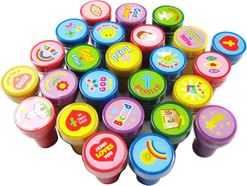 Tiny Mills 50 Pcs Religious Assorted Stampers for Kids, Religious Prizes, Carnival Prizes