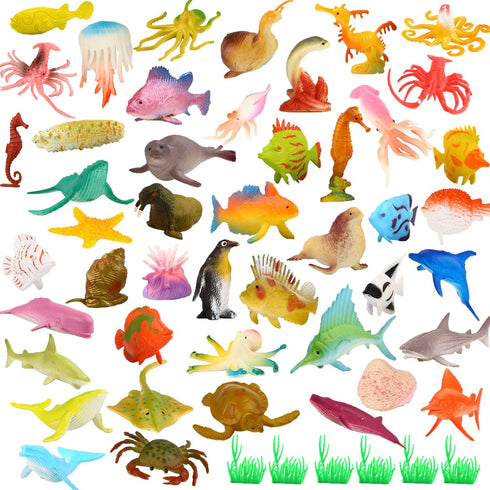 Ocean Sea Animal Toy Set, 52 Pack Assorted Mini Vinyl Plastic Animals, Realistic Under The Sea Life Figures for