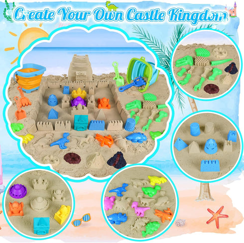 34Pcs Set 2 3-12 Beach Toys, Dinosaur Sand Toys for Kids Toddlers, Sandbox Toys with Collapsible Beach Bucket, Mesh