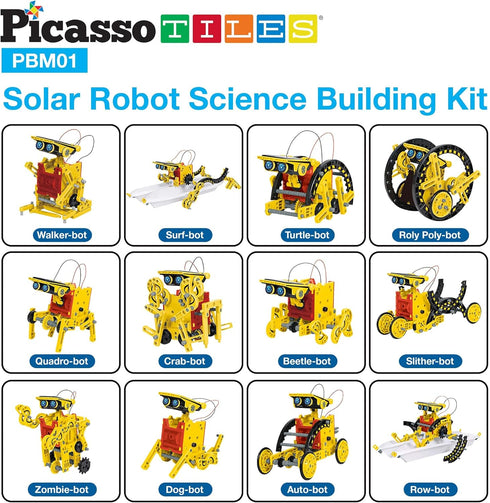 PicassoTiles STEM Kids Solar Powered Transformer Robot, 12-in-1 Educational Building Toy for Age 8+