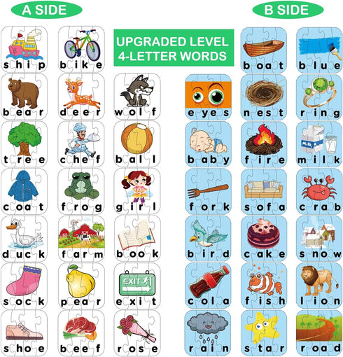 80 Words Self-Correcting Spelling Puzzles, Double-Sided Three and Four Letter Words for Preschool Learning