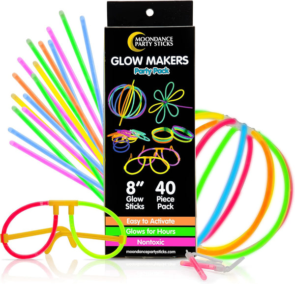 PartySticks Moondance Glow Sticks 40pk with 16 Glow in The Dark Party Favors and 24 Connectors for Decorations