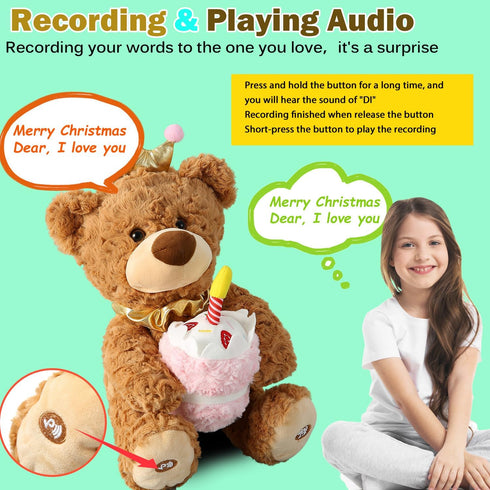 Marsjoy Musical Happy Birthday Teddy Bear with Glowing Cupcake, Animated Plush Toy Singing Dancing Talking Plush Bear