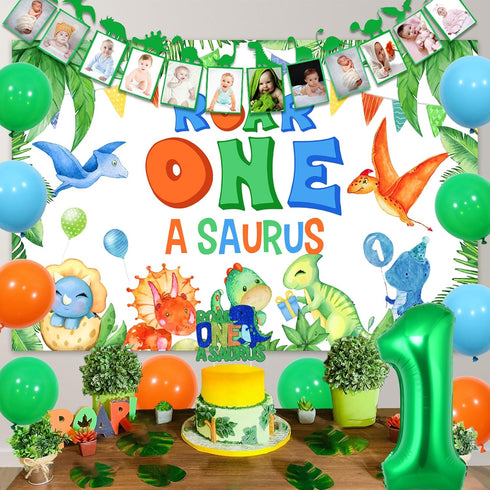 1st Dinosaur Birthday Decorations Boy - Roar One Backdrop, Dinosaur Monthly Photo Banner, Cake Topper, High Chair