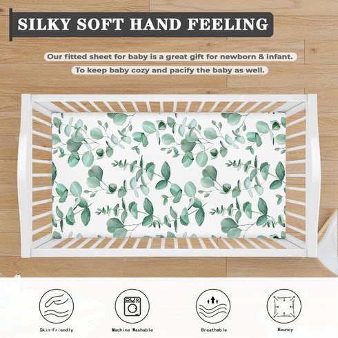 Winpema 28"x52" Green Leaves Fitted Crib Sheet Eucalyptus Leaf Baby Crib Sheet Fit Standard Crib and Toddler