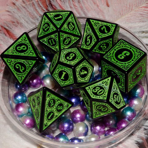 Carving in Green Black DND Dice Set for Board Games