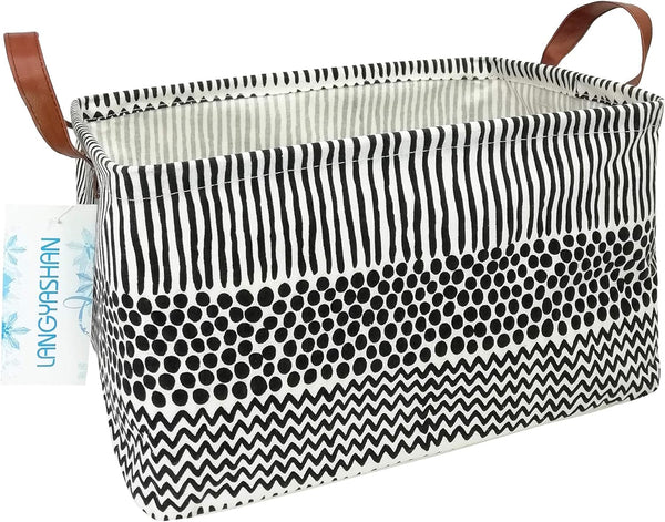 LANGYASHAN Rectangular Canvas Fabric Storage Bin with Handles for Organizing Home Kitchen Toys - Black Line