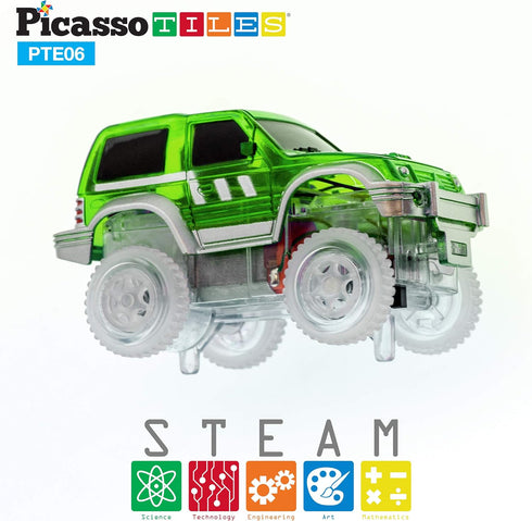 PicassoTiles 3 pcs Magnetic Toy Car Set, Light Up LED Compatible with Magnet Race Track for STEM Building Kits
