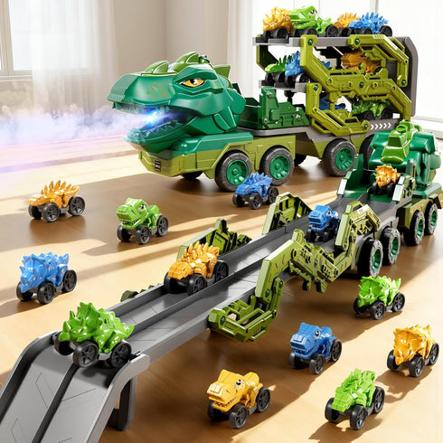 PEADUCK 3-5, 10-in-1 9 3 4 5 6 7 8 Toddler Car Truck Toys for Kids Ages Dinosaur Carrier Truck with Foldable Track Toys
