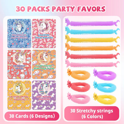 Gocozer 30-Pack Valentine's Day Cards with Stretchy String Toys Unicorn Noodles & Fidget Toys for Kids, Kids Valentines