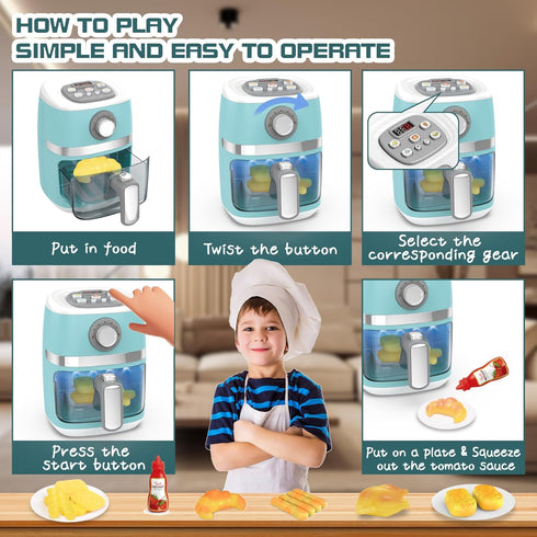 Toy Air Fryer for Kids Kitchen Playset, Chef Pretend Play Kitchen Accessories with Color Changing Play Food, Cooking