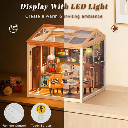115 DIY Retro Coffee Shop Miniature House Kit, Pieces Mini Dollhouse with Furniture & LED Light with Roof & Dust Covers