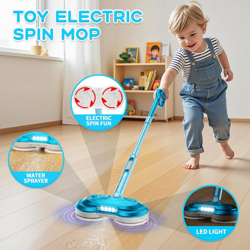 BLAXTEM Kids Electric Spray Spin Mop Toy, Rechargeable Cordless Electric Mop W/ LED Headlight & Water Sprayer