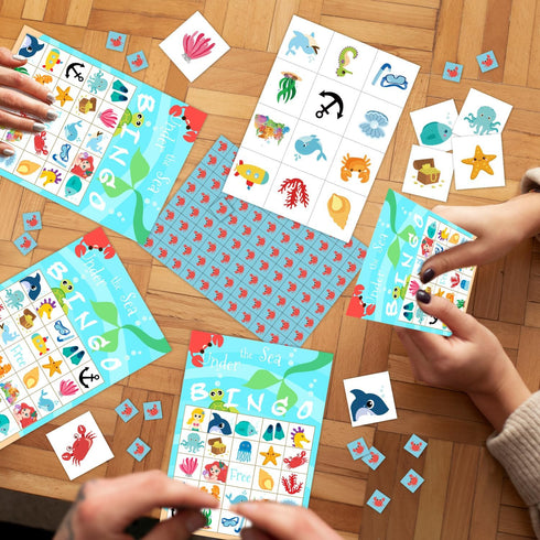Under The Sea Party Bingo Game - 24 Player Ocean Animal Bingo Cards Set for Family Activity and Mermaid Party