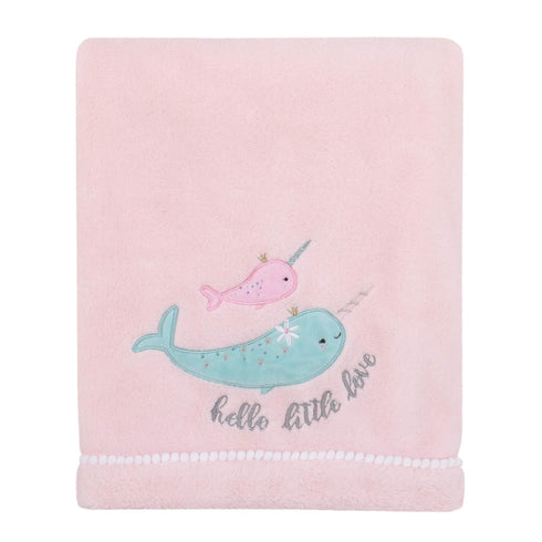 NoJo Under The Sea Whimsy Pink and Blue Narwhals, Super Soft Appliqued Baby Blanket
