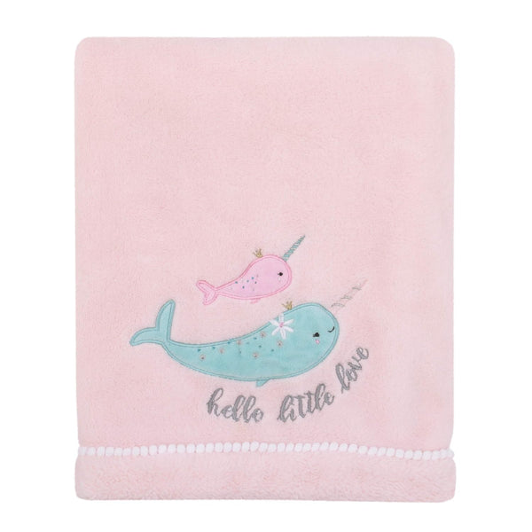 NoJo Under The Sea Whimsy Pink and Blue Narwhals, Super Soft Appliqued Baby Blanket