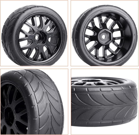 RC On Road Touring Tires and Wheels, Pre-Glued Set of 4 for 1/18 Traxxas Latrax Teton 1/10 4-Tec 2.0 3.0