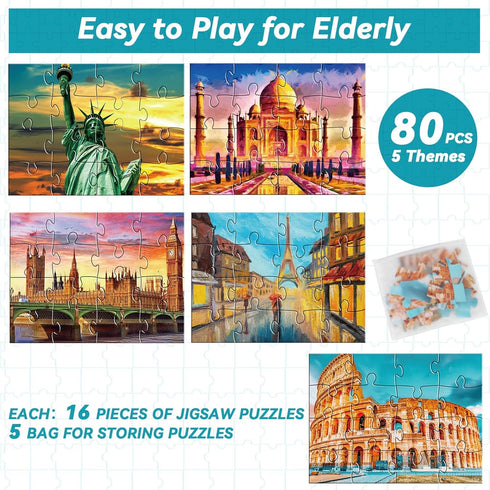 5 Packs of 16 Piece Large Jigsaw Dementia Puzzles for Alzheimer’s Activities, Easy Memory Games with Storage Bags